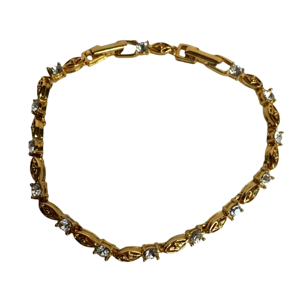 Vintage Avon Gold Tone Filigree Tennis Bracelet Clear Rhinestones Extender